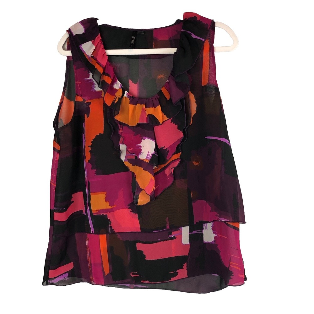 Ethyl Womens Sleeveless Blouse Size Large Ruffled Fairy Y2K Abstract Sheer Boho